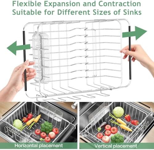 Dish Drying Rack in Sink, ExtendableStainless Steel Dish Drainers for KitchenCounter, Anti-Rust Dish Dryer Rack withUtensil & Cup Holders, for Inside Sink, Over The Sink