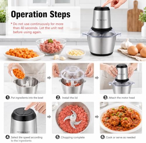 Electric Food Chopper, 2L Stainless Steel Meat Grinder, 4 Blades
