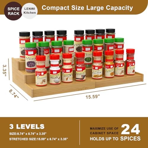 Spice Rack Organizer for Cabinet, 3-Tier Expandable Bamboo Shelf