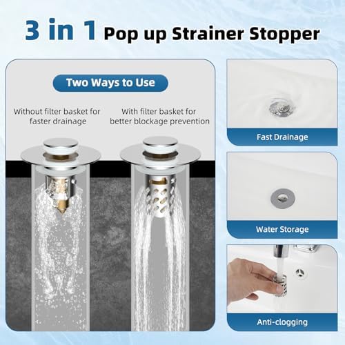 3-Pack All-Metal Bathroom Sink Stopper, Pop Up Sink Drain Strainer, Chrome