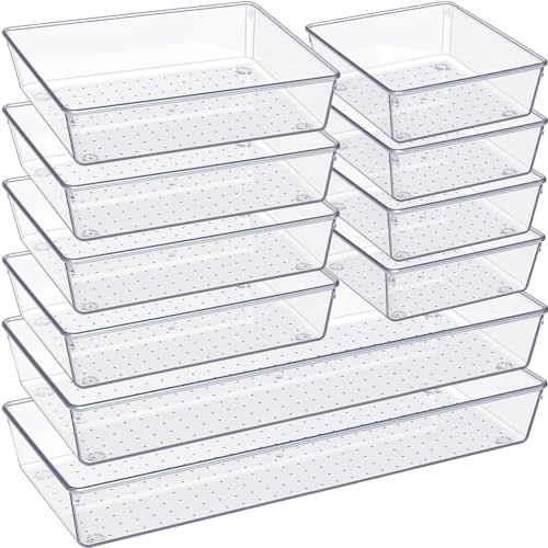Drawer Organizer, 10 Pack Large Clear Plastic Set, 3 Size Versatile Bathroom and Vanity Organizer Trays, Storage Bins for Makeup, Bedroom, Kitchen Utensils