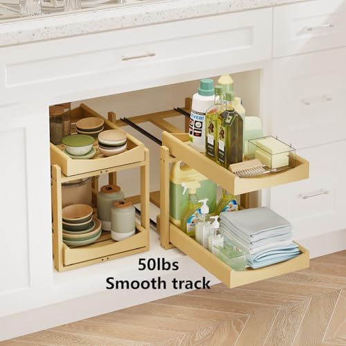 Bamboo Under Sink Organizer Adjustable Height 2 Tier Bathroom Organizer