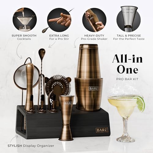 Mixology Bartender Kit Bar Set | 14-Piece Cocktail Shaker Set | Martini Barware Mixing Tools for Home Bartending | Incl. 35 Recipe Cards | Gift Set (28oz Boston Shaker, Brass/Black)