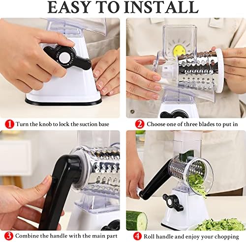 Cheese Graters with Handle, Manual Cheese Shredder Rotary Grater with 3 Replaceable Drum Blades for Vegetables, Fruit, Food, Nuts