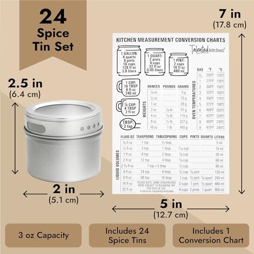 Magnetic Spice Jars - 3 oz, Stainless Steel, 24-Pack - Spice Tins with Sift & Pour Lids & Fridge Magnets for Kitchen Organization