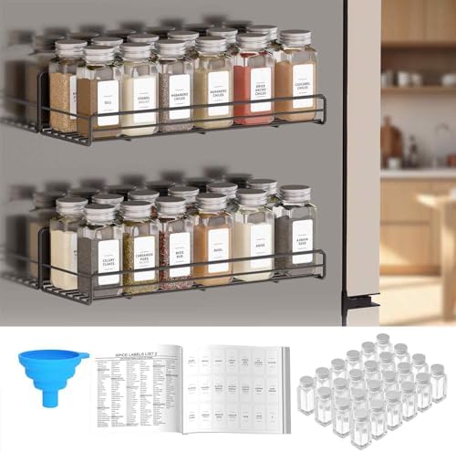 2 Pack Magnetic Spice Rack with 24 Spice Jars, 400 Labels and Funnel, Space Saving Refrigerator Fridge Oven Shelf Organizer