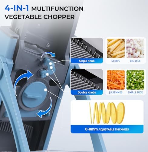 Safe Mandoline Slicer Multi Vegetable Chopper, Foldable 4 in1 Fruit Slicer Dice Strip Shred Veggie Cutter with 0-8mm Thickness Adjustable Built in Blades, Detachable Salad Chopper - Image 3