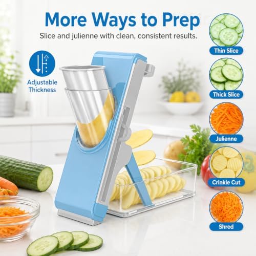 Safe Mandoline Slicer for Kitchen, Vegetable Slicer with Container, French Fry Cutter, All in 1 Julienne Slicer for Potato, Thickness Adjustable, Detachable Blade (Light gray-blue) - Image 2