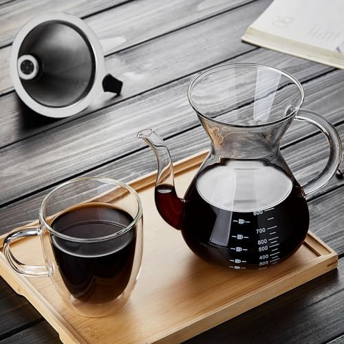 Pour Over Coffee Maker with Double Stainless Filter 27 fl oz, Thickened Heat-Resistant Borosilicate Glass Pour Over Coffee Dripper, Stovetop Safe