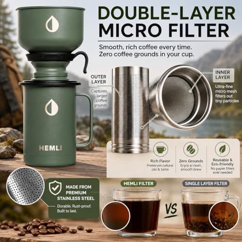 16 oz Pour Over Camping Coffee Maker Set, Vacuum Insulated Mug with Leakproof Lid, Stainless Steel Micro Filter, Portable Coffee Maker for Camping