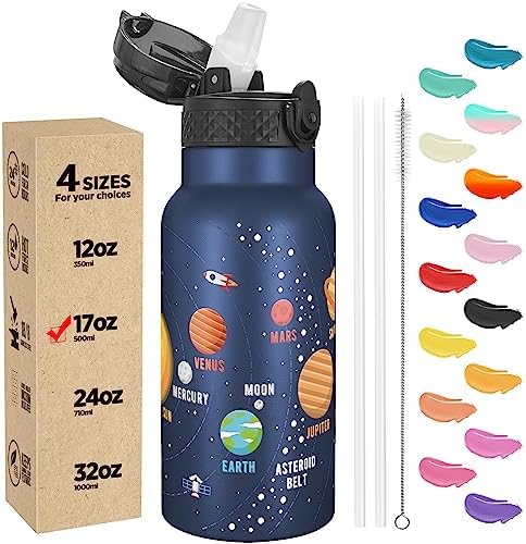 Kids Water Bottle with Straw Lid - Insulated Stainless Steel Reusable Tumbler for Girls,Boys,Thermo Mug,17oz,Space Planet