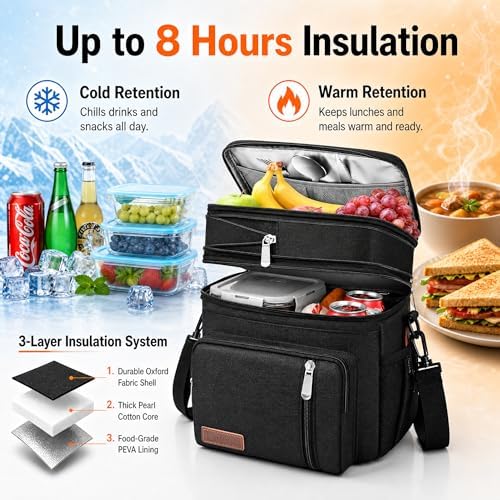 Lunch Box & Lunch Bag for Men & Women, Expandable Double-deck Expandable Large Insulated Cooler Lunch Bag with Shoulder Strap, Leakproof Durable Adult Lunch Box for Work, Picnic, 16L, Black