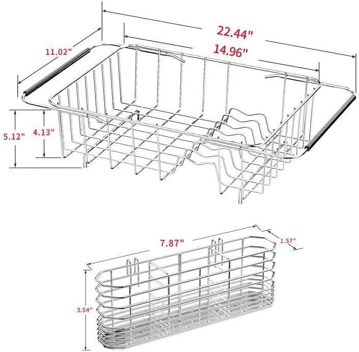 Over Sink Dish Drying Rack, Expandable 14.96"–22.44" Adjustable Dish Rack for Kitchen Sink, 304 Stainless Steel Dish Drainer with Utensil Holder, Space Saving for Most Standard Kitchen Sinks