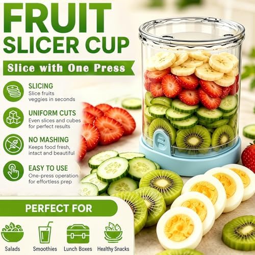 Hendiy Fruit Slicer Cup Fruit Cutter for Strawberry, Mushroom, Banana, Avocado - Stainless Steel Blade - Boiled Egg Slicer, Safe Slicing Kitchen Gadget for Quick Meal Prep - ABS Body - Blue - Image 2