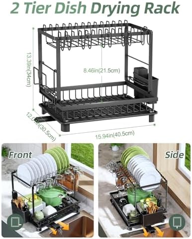 2-Tier Dish Drying Rack for Kitchen Counter, Space-Saving, Black