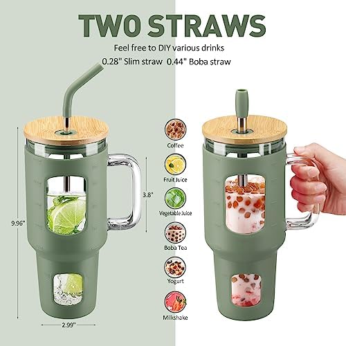Glass Tumbler with Straw and Lid, 40 oz, Olive