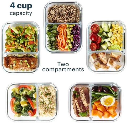 Glass Meal Box (5-Pack, 4 Cup) Divided Compartments, Locking Lids
