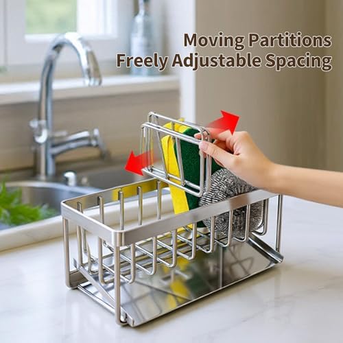Sink Caddy Sponge Holder for Kitchen, 18/8 Stainless Steel Self Drain Tray, Soap holder with Divider(Silver)