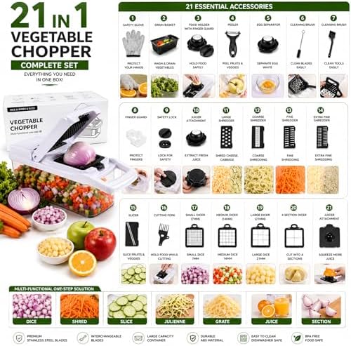 26 in 1 Vegetable Chopper with Container, Mandoline Slicer, Onion Chopper Dicer, Food Chopper Set with Cutting Board, Knife Set, Scissors and Drain Basket - Image 4