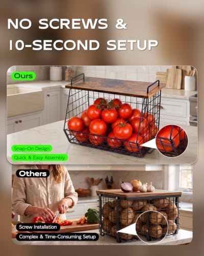 2 Pack Stackable Potato Storage Bins, Extra Large Pantry Organizer and Storage, Fruit Basket for Kitchen Counter, Potato and Onion Storage Bin with Wide Opening, Wall Mounted Vegetable Storage Basket