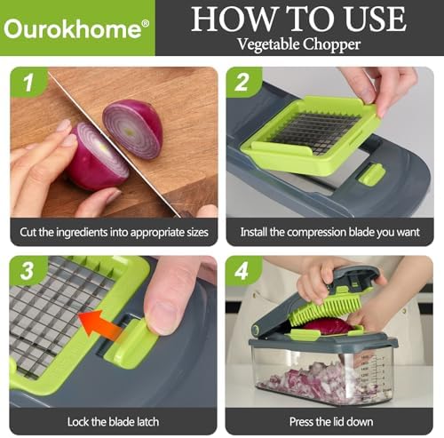 Vegetable Chopper Cutter with Container, Manual Hand Food Veggie Dicer with 2 Chopping Blades for Potato Strips, Onion Cubers, Carrot Sticks, Essential Kitchen Gadgets (2 in 1, Gray)
