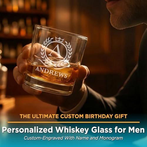 Personalized Whiskey Glasses Set of 2 – Engraved Monogram Bourbon Scotch Groomsmen Dad Gift for Men – Custom Initial Name Old Fashioned Birthday Rocks Glasses (2)
