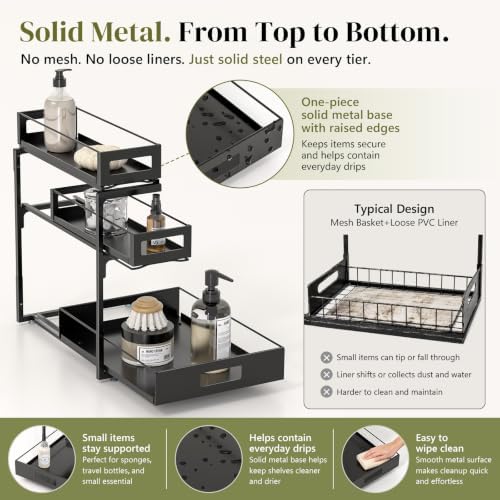 Under Sink Organizer 2 Pack, 3-Tier Pull Out Under Kitchen Sink Organizer, Bathroom Under Sink Storage Organizer with Solid Metal Shelves, Adjustable Height, 60 lb Capacity, Black