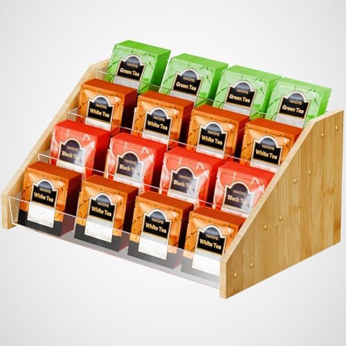 4 Layer Tea Bag Organizer, Bamboo & Plastic Tea Storage Holder