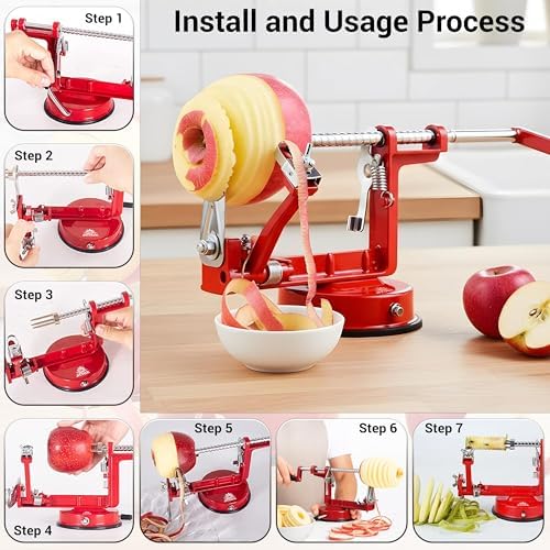 Apple Peeler - 3 in 1 Fruit Corer Cutter and Peeling Machine for Kitchen - Stainless Steel Apples Peelers & Cutters Tool - Easy to Peel and Spiralizer
