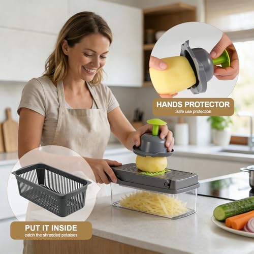 Vegetable Chopper with Container Cheese Grater Mandoline Slicer Cabbage Shredder for Veggie Onion Potato Fruit Food, Includes Egg Separator & Vegetable Peeler, Manual Hand Cooking Gadget for Kitchen - Image 5