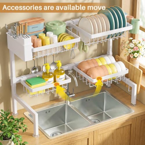 4 Baskets 2-Tier Over The Sink Dish Drying Rack, 26.57"-35" White