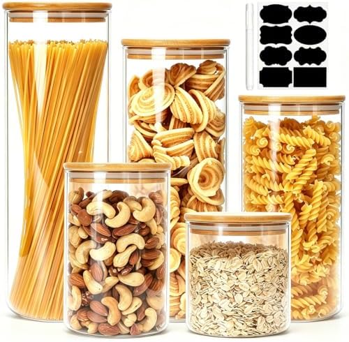 5 Pack Airtight Glass Jars with Bamboo Lids, Glass Food Storage Containers