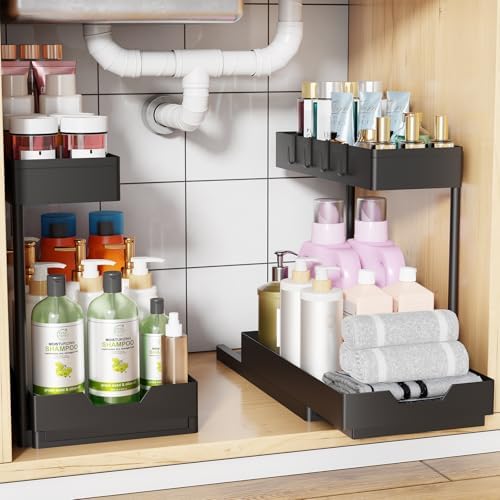 Under Sink Organizer 2 Pack, 2 Tier with Sliding Basket