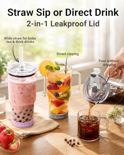 32 oz Borosilicate Glass Tumbler with Handle, Iced Coffee Cup, Reusable, Dishwasher Safe, BPA Free, Lilac