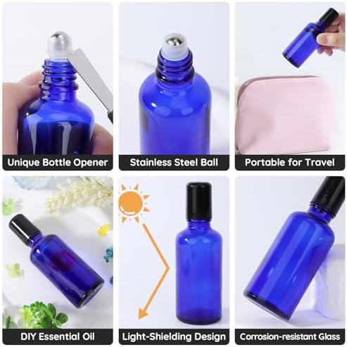 Segbeauty 1.69oz Glass Essential Oil Roller Bottles Refillable, 5Pack of Empty Rollerball Bottles for Oil, 50ml Blue Leakproof Perfume Oils Bottle with Dispensing Tools, Anointing Oils Bottle - Image 2