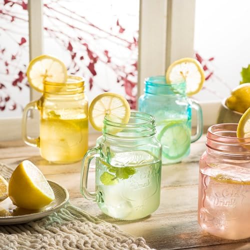 Mason Jar Drinking Glasses Set Of 4, 15 oz. Colored Mugs With Embossed Ice-Cold Drinkware Logo, Glass Mason Jar Mug With Handle. For Smoothies, Cocktails, Beverages. Hand Wash