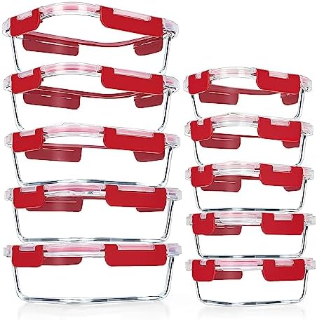 10 PACK Glass Meal Prep Containers Set with Lids, Red