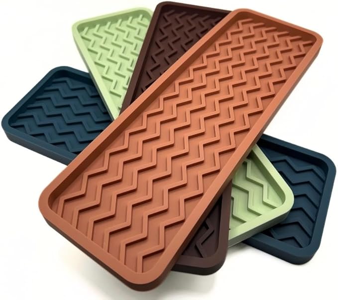 Silicone Sink Organizer Tray, Rectangular, Modern Style, Heat Safe, Dishwasher Safe, for Bathroom and Kitchen Organization (Mocha, 12"x4", Chevron Pattern)
