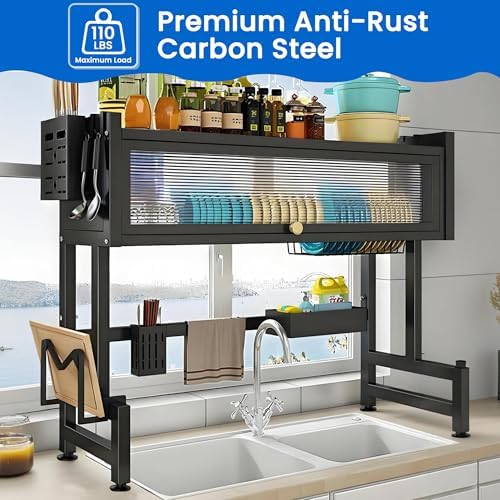 Dish Drying Rack, 3-Tier Over The Sink Dish Drying Rack, 33.5" Over Sink Dish Rack for Small Kitchen, Space-Saving Dish Rack with Cover, Baskets, Utensil, Large Sink Storage Organizer Black