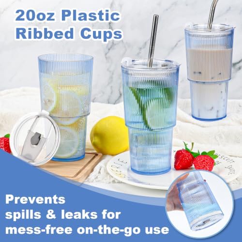 4 Pcs 20oz Plastic Ribbed Tumblers with Lid and Straws Blue Plastic Reusable Iced Coffee Cups with Lid Unbreakable Vintage Ribbed Drinking Glasses Tumbler for Juice Smoothie Beverage with Clean Brush