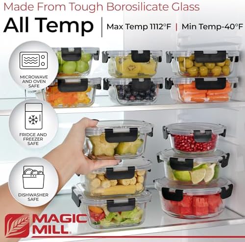 Premium Borosilicate Glass Food Storage Containers with lids Set | 24pc Sets with 12 Bowls & 12 Airtight Locking Lids for Lunch & Meal Prep, Safe for Oven, Freezer, Dishwasher, BPA-Free