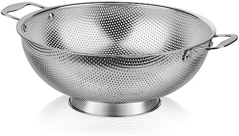 Large 6-Qt Colander, 18/8 Stainless Steel Mesh Strainer for Kitchen, Food Sieve with Riveted Handles and Self-draining Solid Ring Base, Great for Pasta, Rice, Vegetables and Fruits