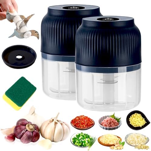 Electric Garlic Chopper, Mini Food Processor and Wireless Vegetable Chopper Electric, Small Portable Food Chopper Electric for Kitchen, One Press Power Chopper for Garlic Onion and Pepper (Blue-2pcs) by Dododox