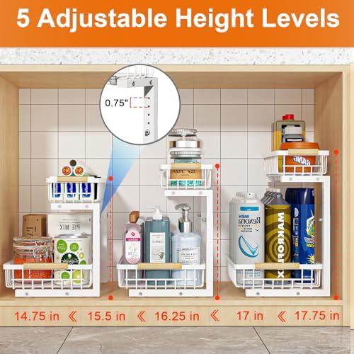 Under Sink Organizer, White 2 Pack Height Adjustable