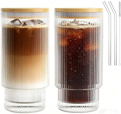 16OZ Ribbed Glass Cups with Lids and Straws,Iced Coffee Cups with Bamboo Lid,Vintage Glassware for Whiskey Cocktail Beer Fruit Juice Glasses Tumbler(2 Pack)