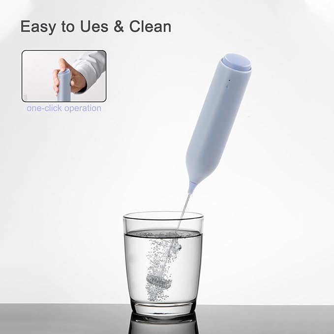 Rechargeable Coffee Frother by ELMWAY, Electric Milk Frother with Charging Stand & Wall Mount, Handheld Drink Mixer, Foam Maker for Coffee, Matcha - Blue