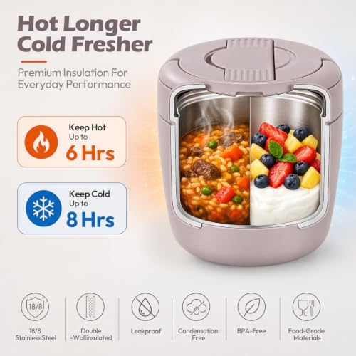 32oz Insulated Soup Thermo, Vacuum Stainless Steel Food Jar for Hot & Cold Food, Leakproof Wide Mouth Lunch Container with Spoon, Light Purple
