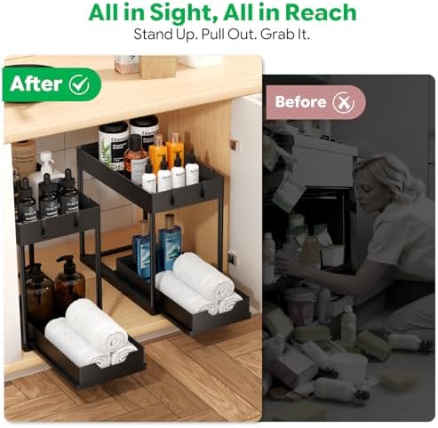 2 Pack 2-Tier Under Sink Organizers with Sliding Drawer, Black