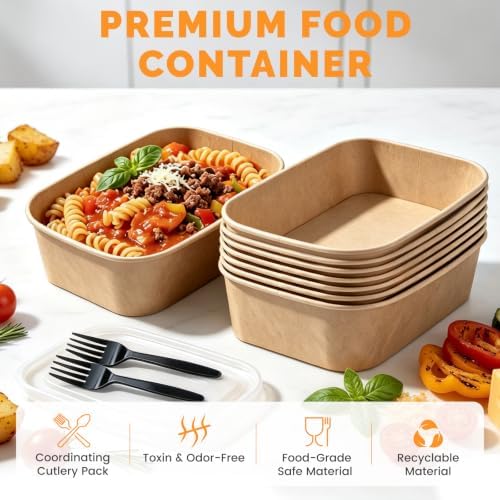 50 Pack 29oz Large Disposable Meal Prep Containers With Lids and Forks, Leak-Proof, Freezer & Microwave Safe Take Out Containers, Sturdy Disposable Kraft Bowls For Salad, Noodles & Meal Prep