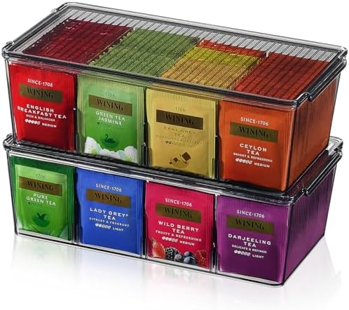 2 Pack 16 Compartment Tea Organizer, Stackable for Cabinet, Black